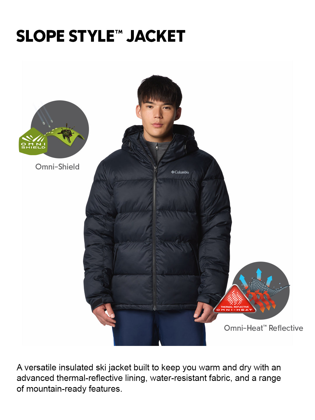 Columbia Men Black Omni-Heat Reflective Slope Style Hooded Down Jacket