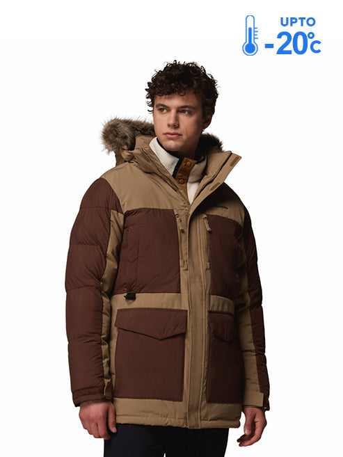 Columbia Men Brown Omni-Heat Inifnity Marquam Peak Fusion II Parka Hooded Down Jacket