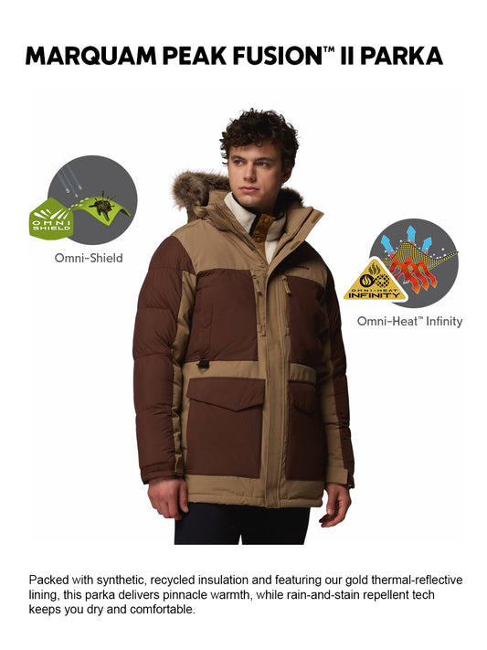 Columbia Men Brown Omni-Heat Inifnity Marquam Peak Fusion II Parka Hooded Down Jacket