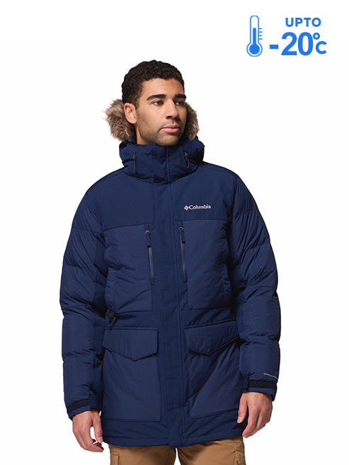 Columbia Men Navy Blue Omni-Heat Inifnity Marquam Peak Fusion II Parka Hooded Down Jacket
