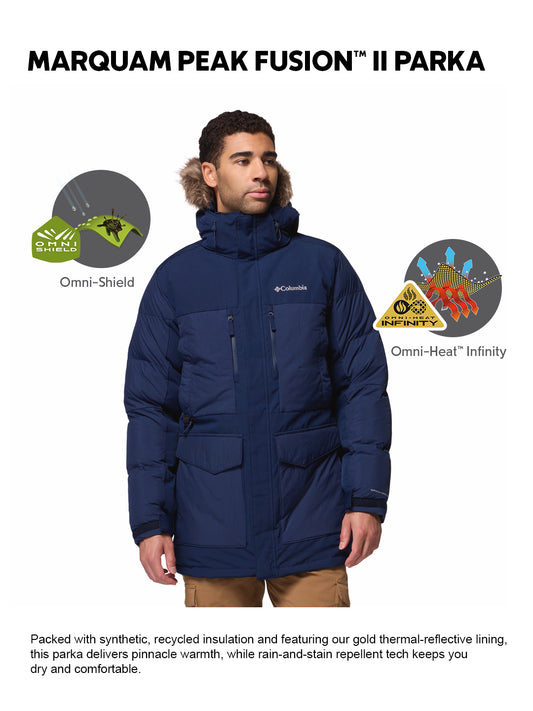 Columbia Men Navy Blue Omni-Heat Inifnity Marquam Peak Fusion II Parka Hooded Down Jacket