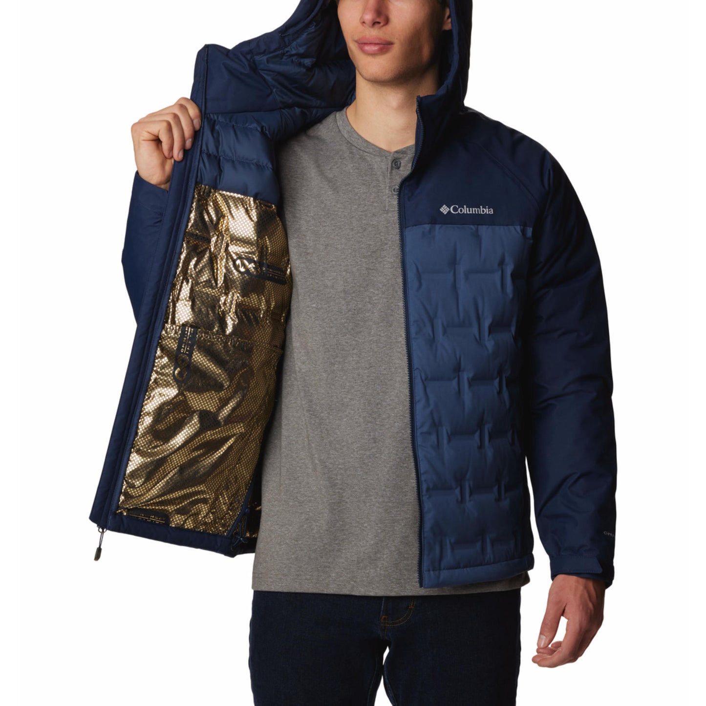 Columbia Men Navy Blue Omni-Heat Infinity Grand Trek III Hooded Down Jacket