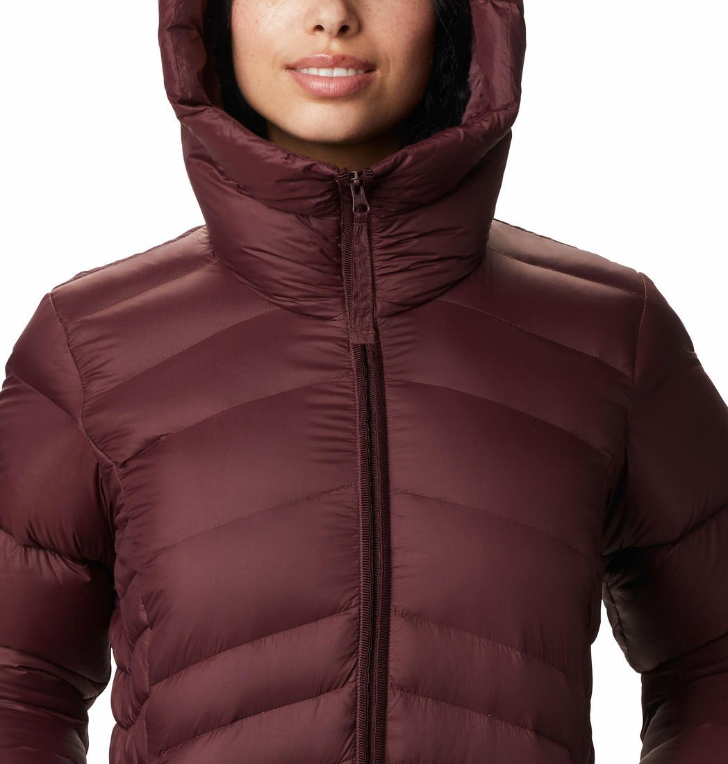 A Women Wearing Columbia Women Maroon Autumn Park Down Hooded Jacket