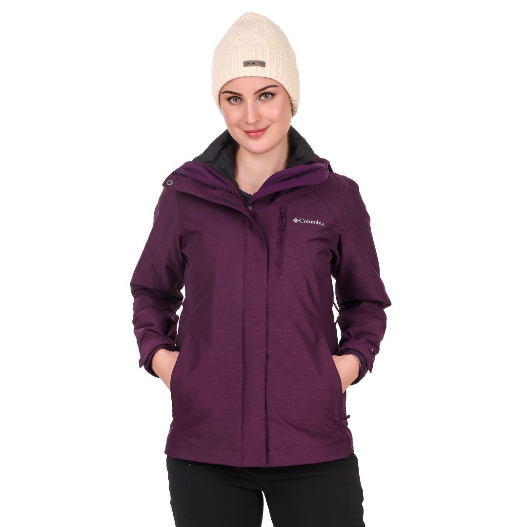 A Women Wearing Columbia Women Maroon Whirlibird IV Interchange Jacket