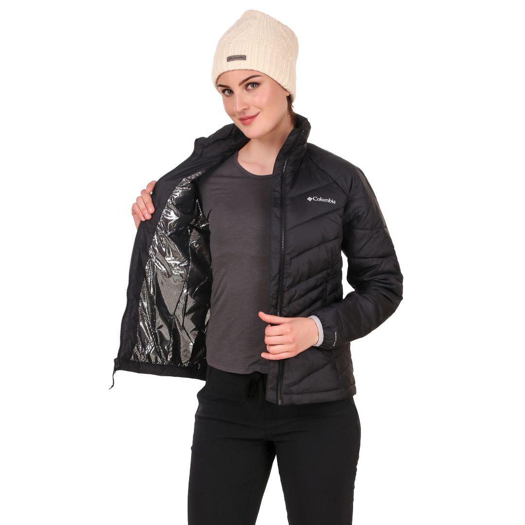 A Women Wearing Columbia Women Maroon Whirlibird IV Interchange Jacket