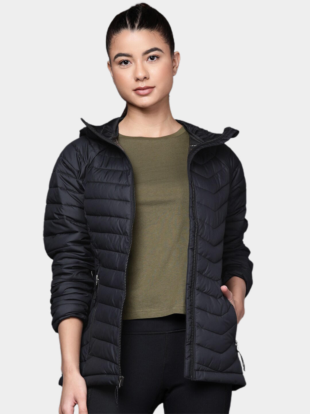 A Women Wearing Columbia Women Black Powder Lite Hooded Jacket