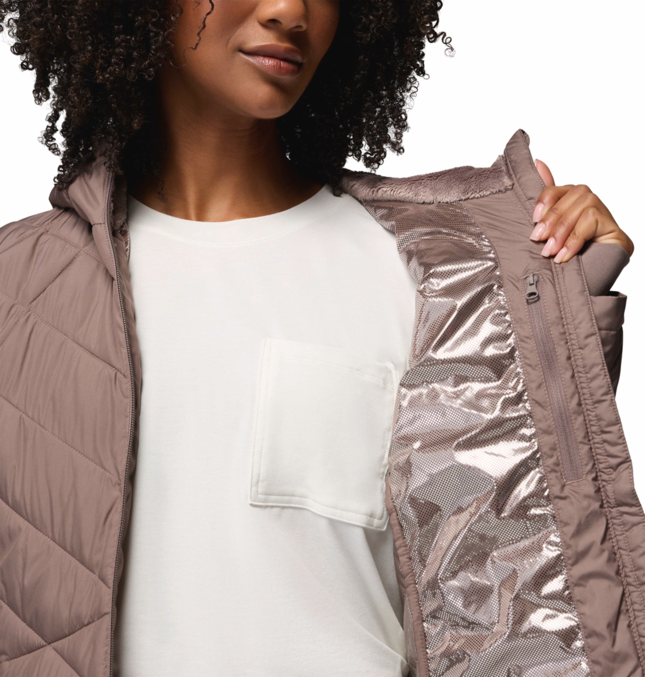 women brown omni heat reflective heavenly down jacket