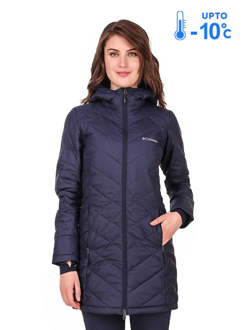 Columbia Women Navy Blue Omni-Heat Reflective Heavenly Long Hooded Down Jacket