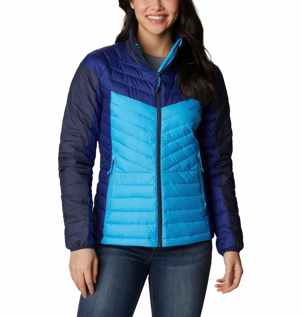 A Women Wearing Columbia Women Blue Powder Lite II Full Zip Jacket