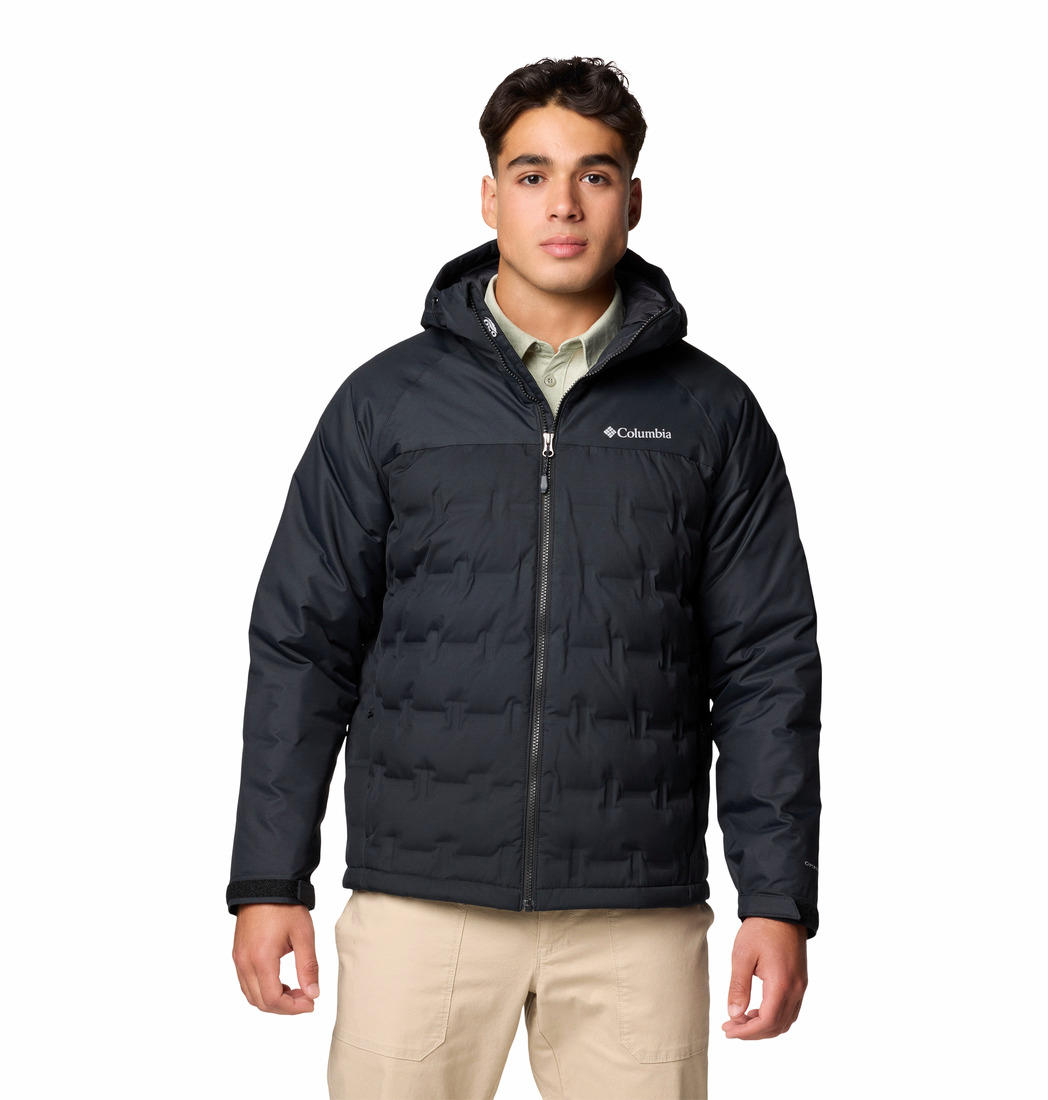 A Men Wearing Columbia Men Black Grand Trek III Down Hooded Jacket