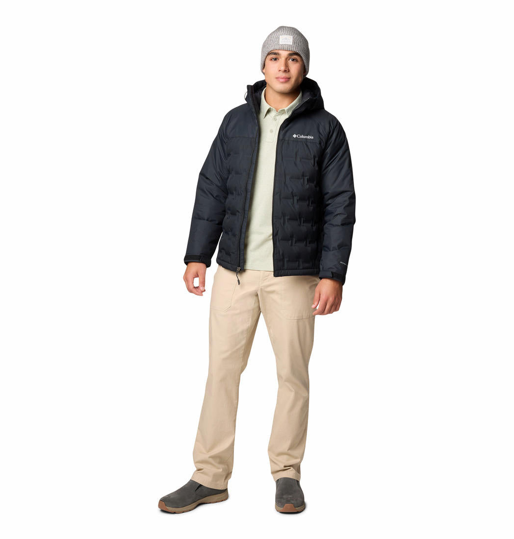 A Men Wearing Columbia Men Black Grand Trek III Down Hooded Jacket