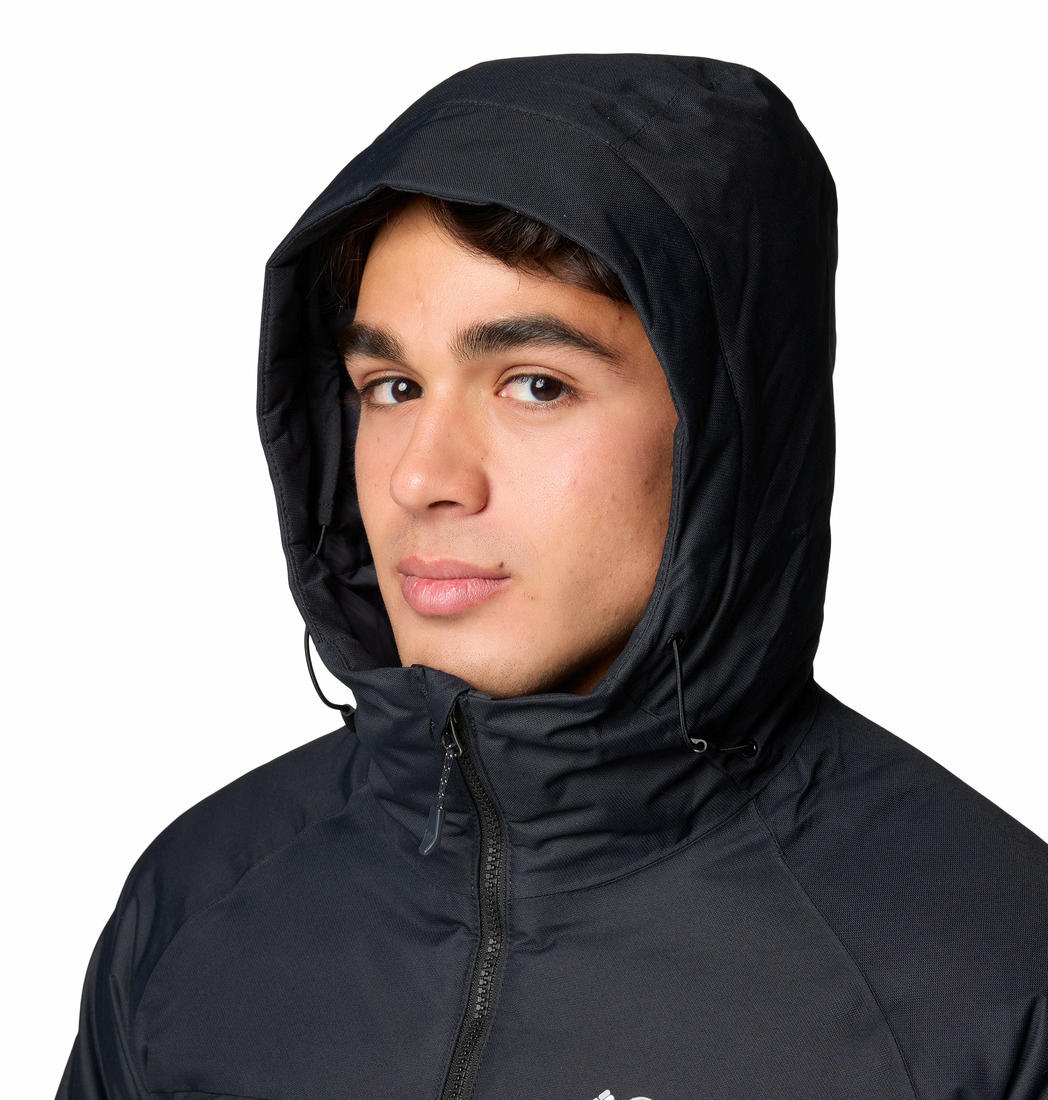 A Men Wearing Columbia Men Black Grand Trek III Down Hooded Jacket
