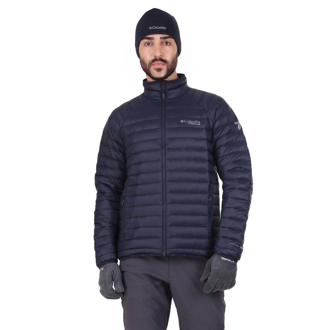 A Men Wearing Columbia Men Blue Alpha Trail Down Jacket