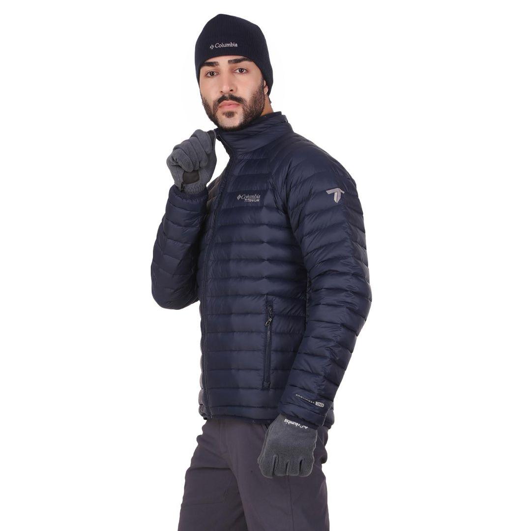A Men Wearing Columbia Men Blue Alpha Trail Down Jacket