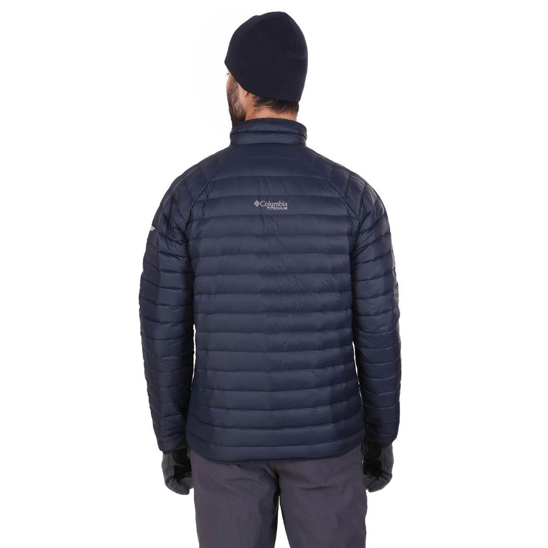 A Men Wearing Columbia Men Blue Alpha Trail Down Jacket