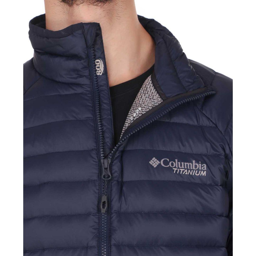 A Men Wearing Columbia Men Blue Alpha Trail Down Jacket