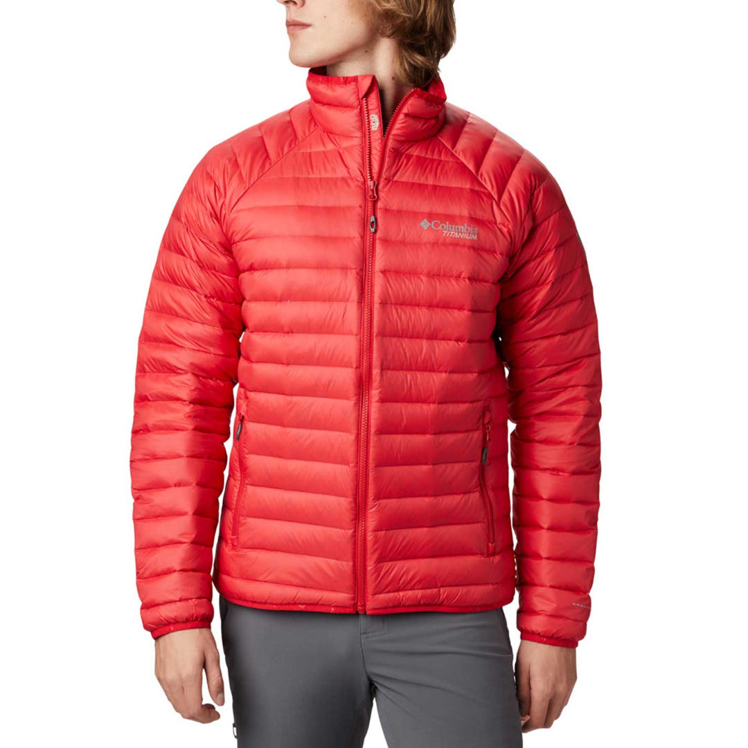 A Men Wearing Columbia Men Red Alpha Trail Down Jacket