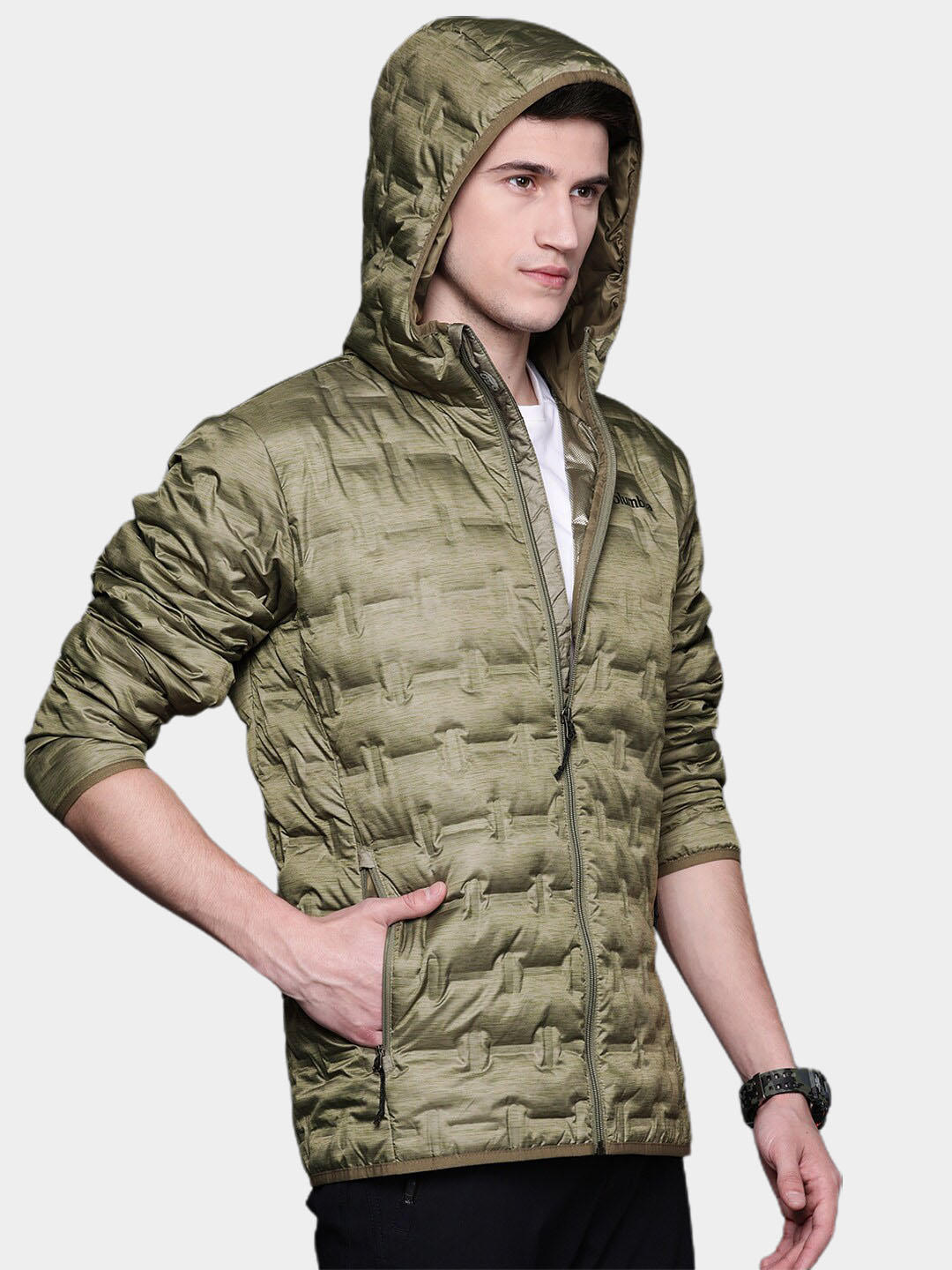 A Men Wearing Columbia Men Green Delta Ridge Down Hooded Jacket
