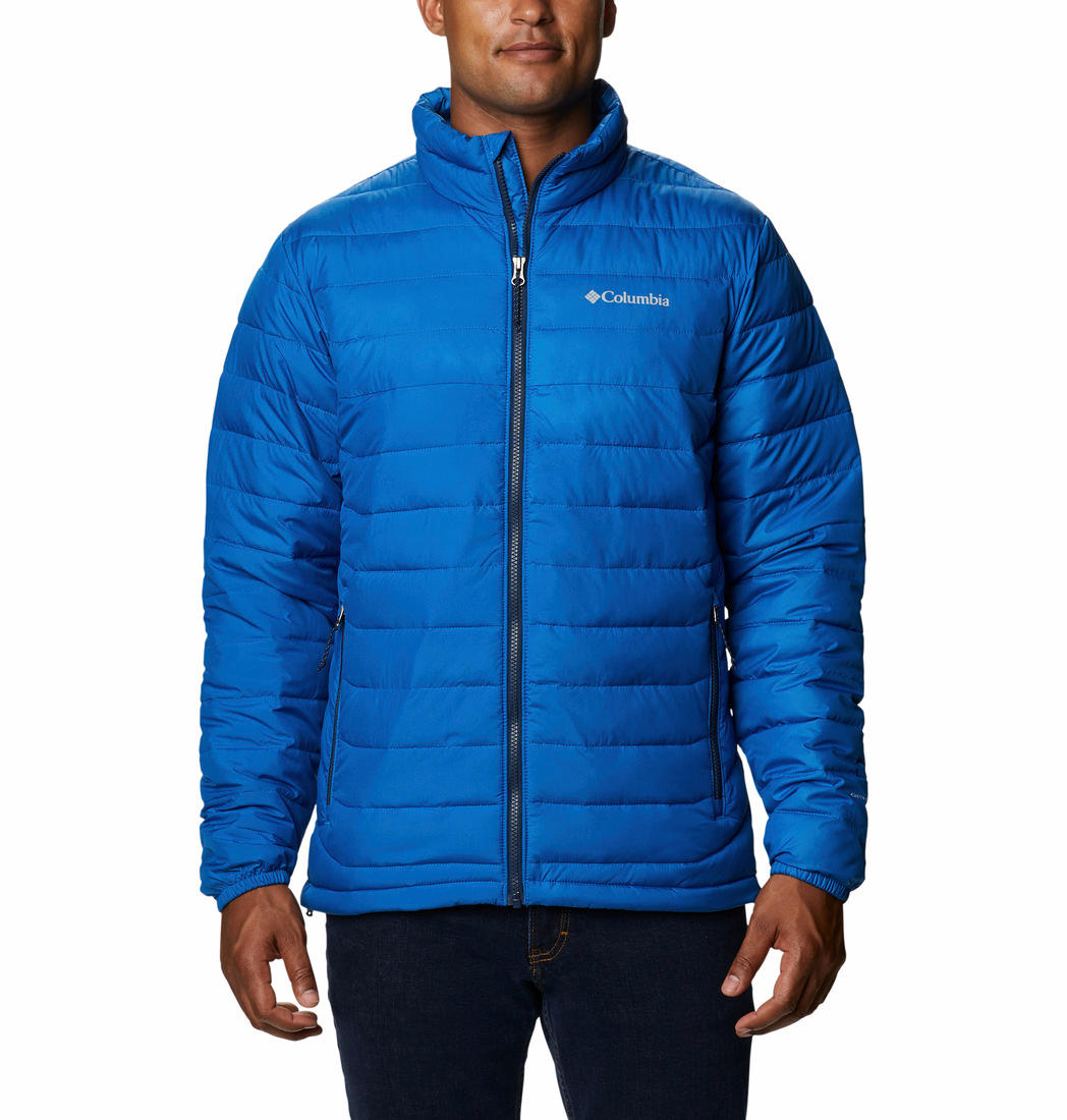 A Men Wearing Columbia Men Blue Powder Lite Jacket