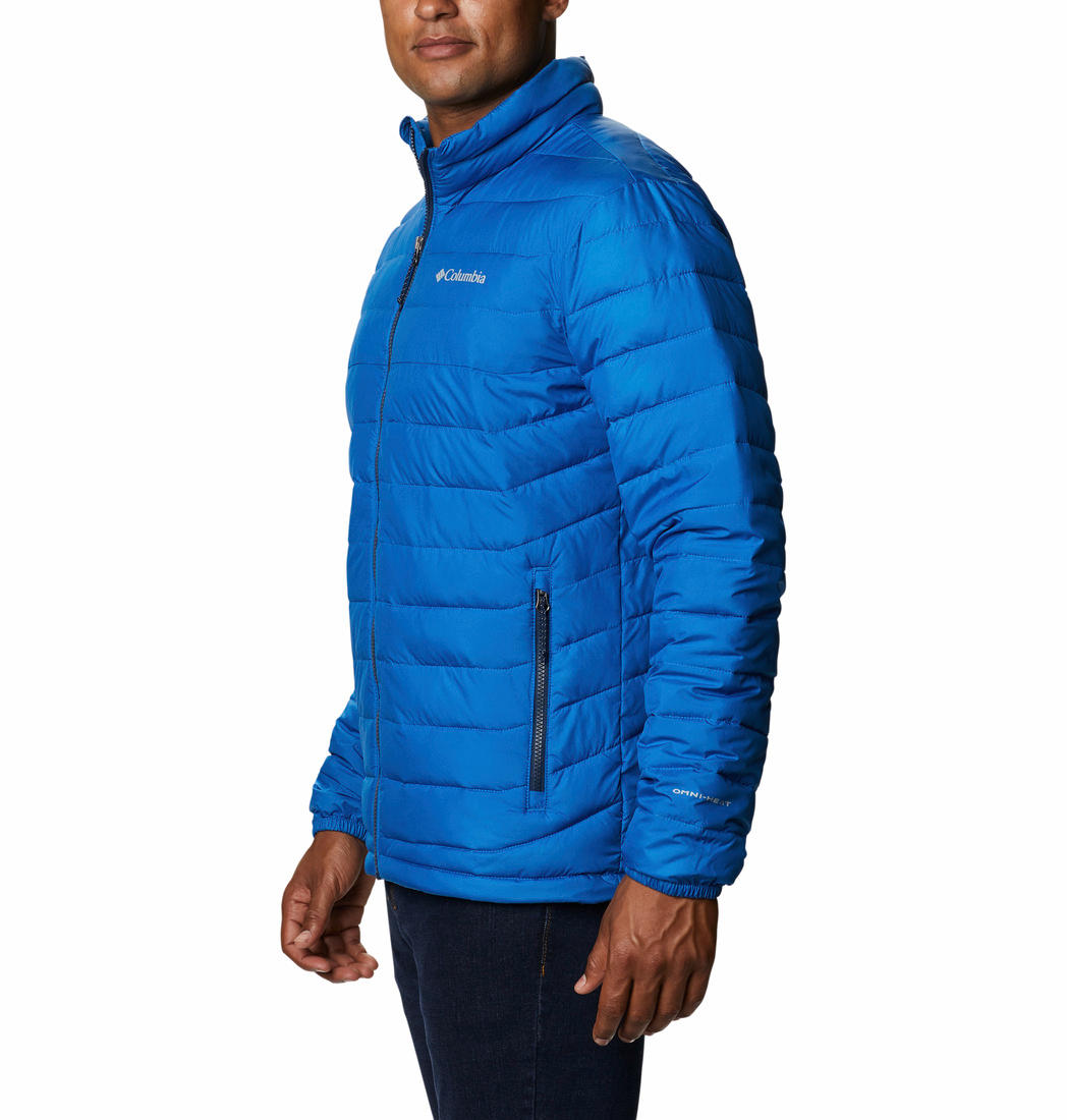A Men Wearing Columbia Men Blue Powder Lite Jacket