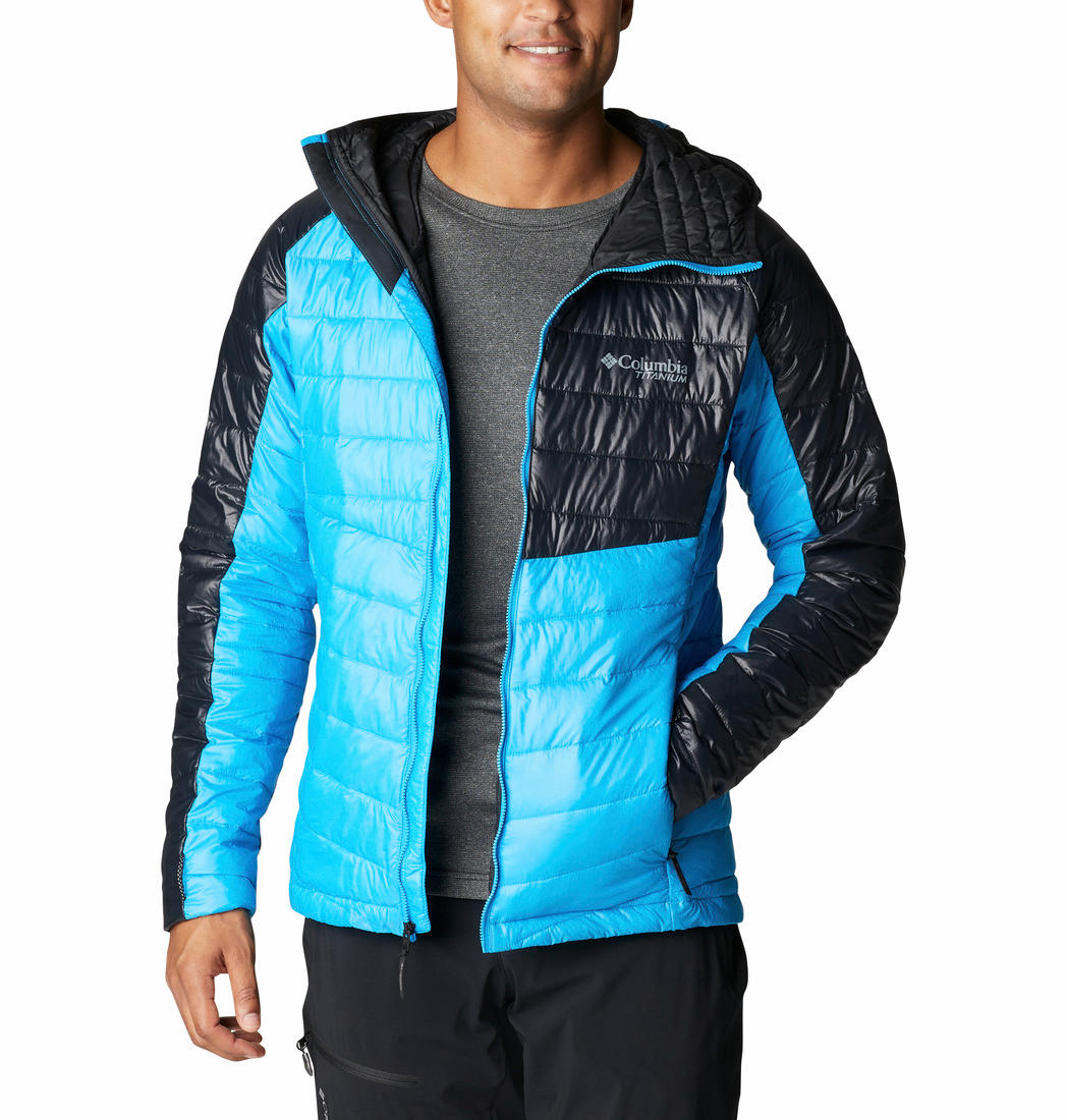 A Men Wearing Columbia Men Blue Platinum Peak Hooded Jacket