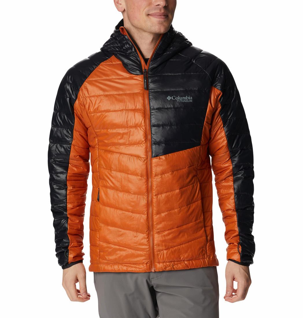 A Men Wearing Columbia Men Orange Platinum Peak Hooded Jacket