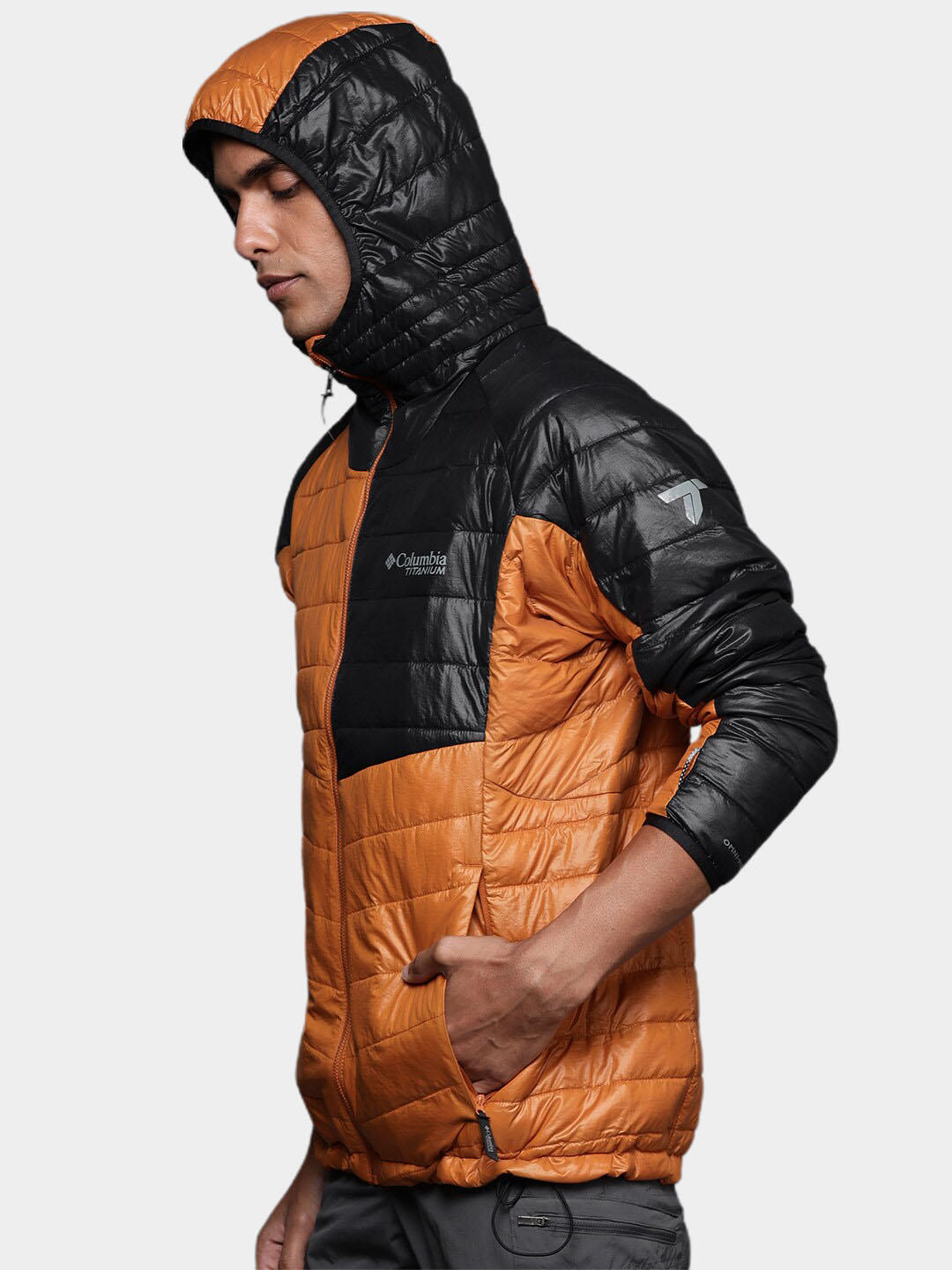 A Men Wearing Columbia Men Orange Platinum Peak Hooded Jacket