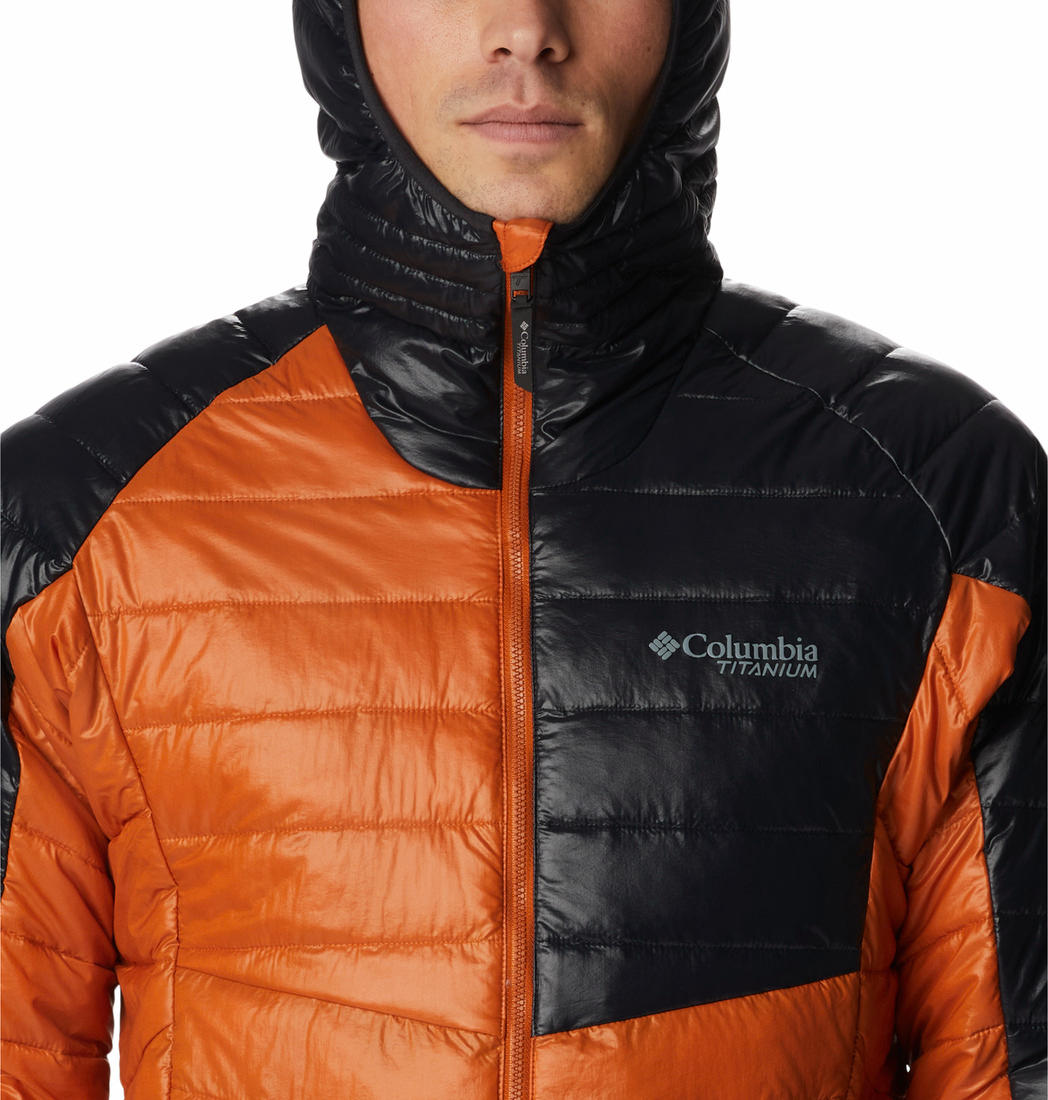 A Men Wearing Columbia Men Orange Platinum Peak Hooded Jacket