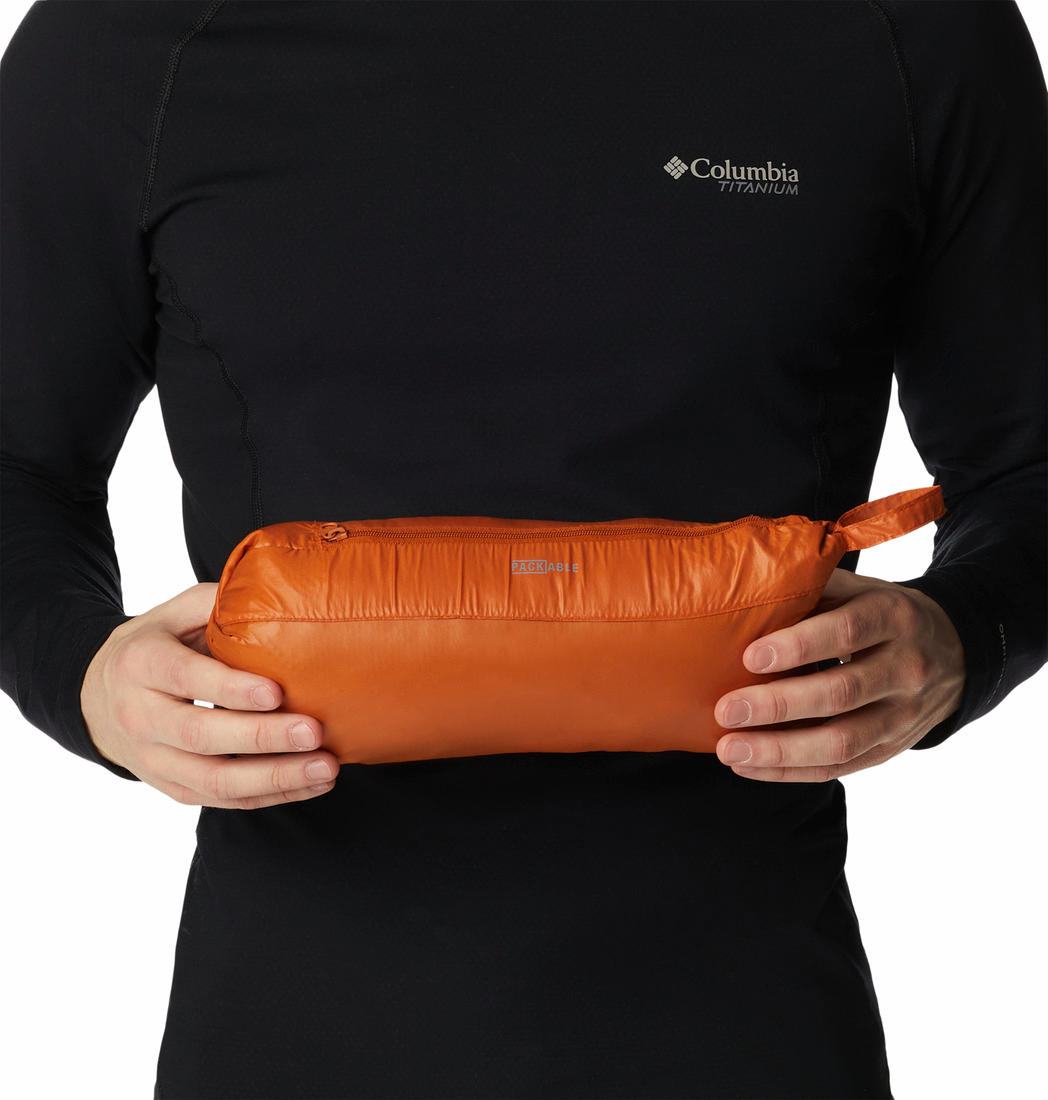 A Men Wearing Columbia Men Orange Platinum Peak Hooded Jacket