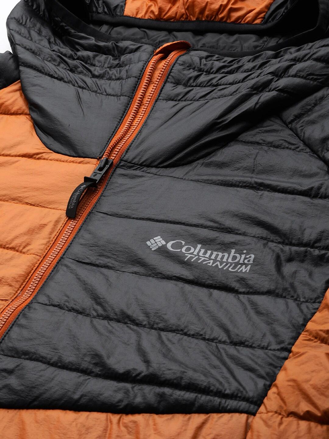 A Men Wearing Columbia Men Orange Platinum Peak Hooded Jacket