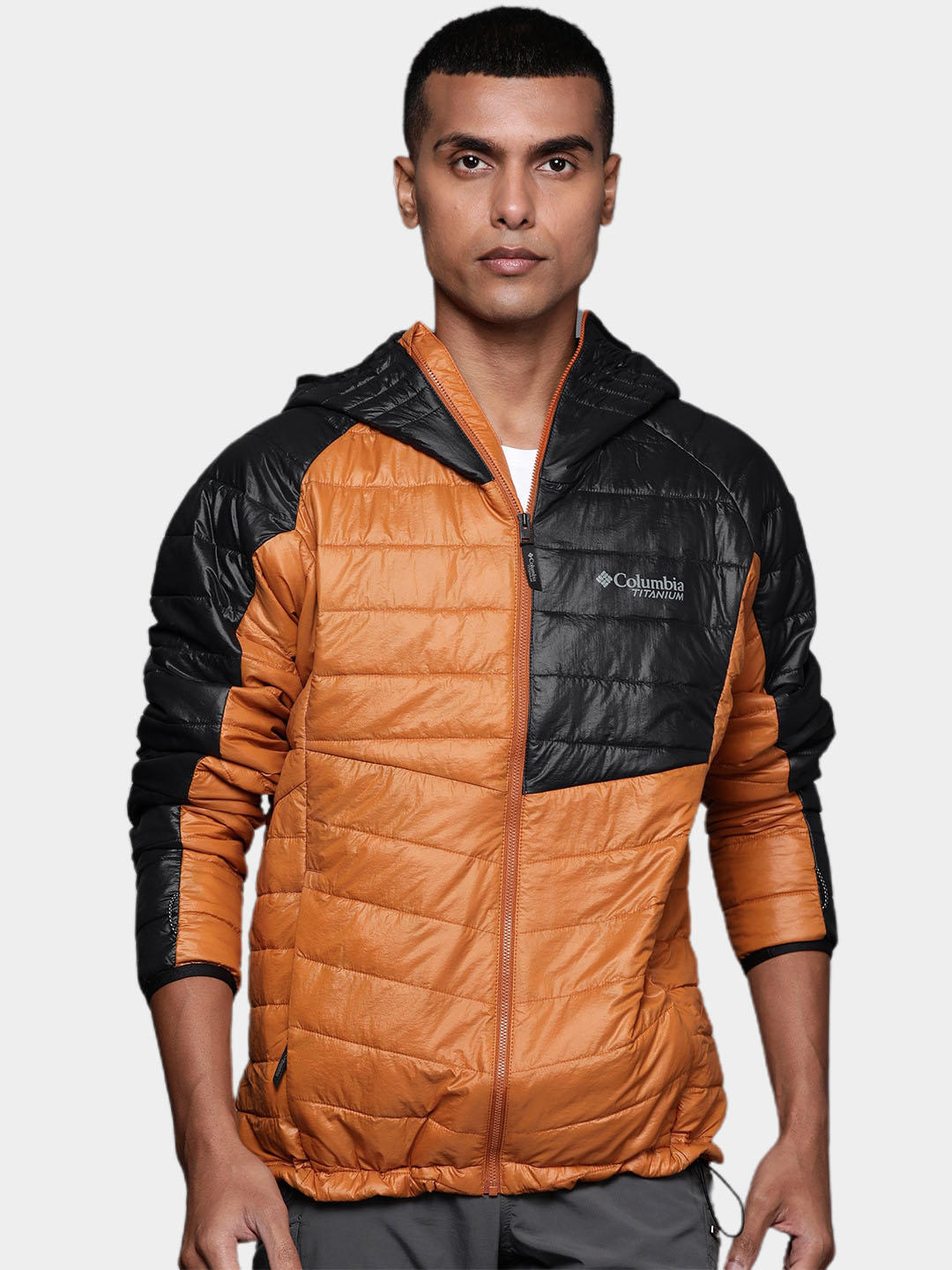 A Men Wearing Columbia Men Orange Platinum Peak Hooded Jacket