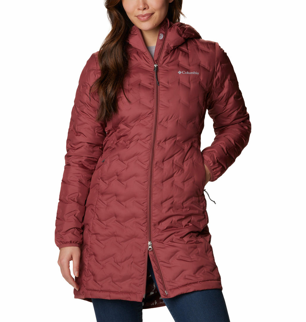 A Women Wearing Columbia Women Pink Delta Ridge Long Down Jacket