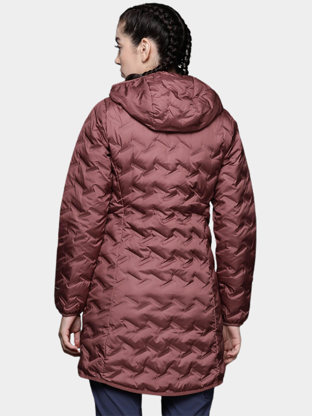 A Women Wearing Columbia Women Pink Delta Ridge Long Down Jacket