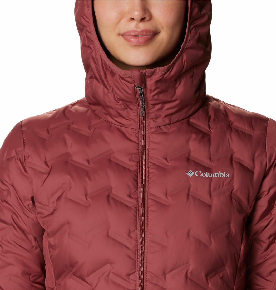 A Women Wearing Columbia Women Pink Delta Ridge Long Down Jacket