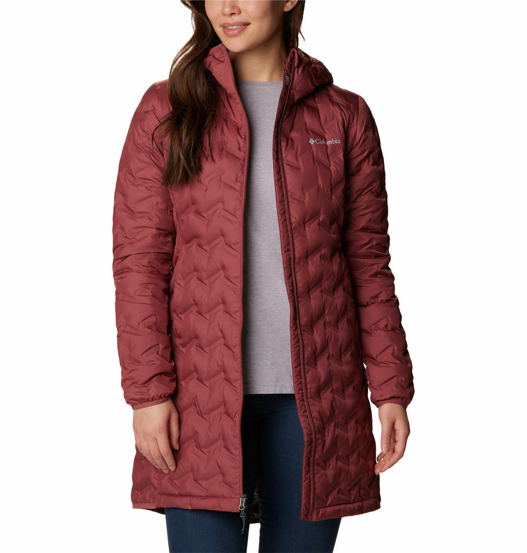 A Women Wearing Columbia Women Pink Delta Ridge Long Down Jacket