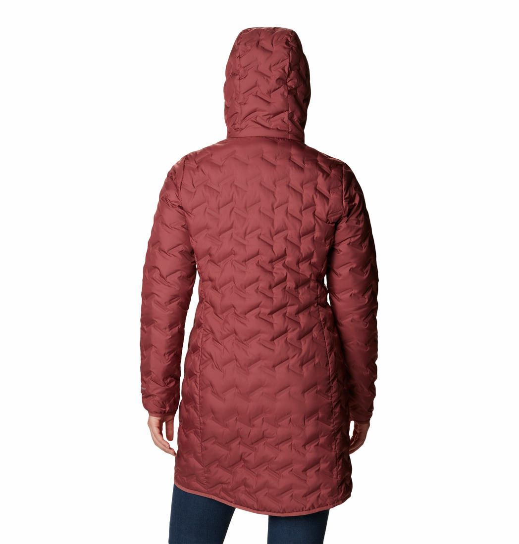 A Women Wearing Columbia Women Pink Delta Ridge Long Down Jacket