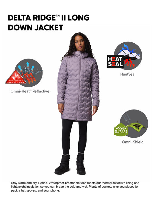 Columbia Women Purple Omni-Heat Reflective Delta Ridge II Long Hooded Down Jacket