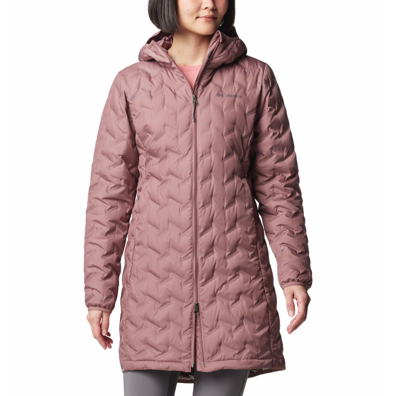 A Women Wearing Columbia Women Red Delta Ridge II Long Down Jacket
