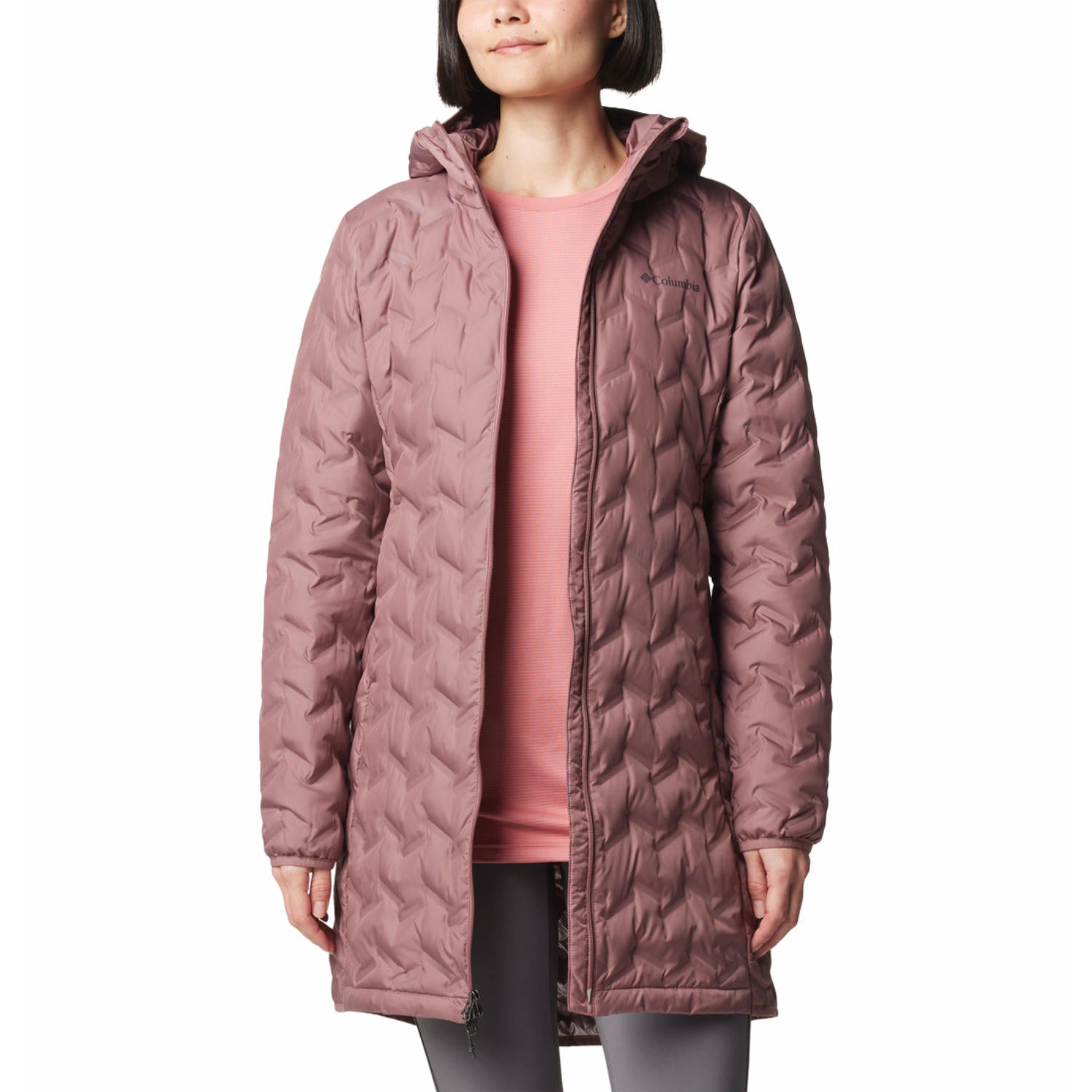 A Women Wearing Columbia Women Red Delta Ridge II Long Down Jacket