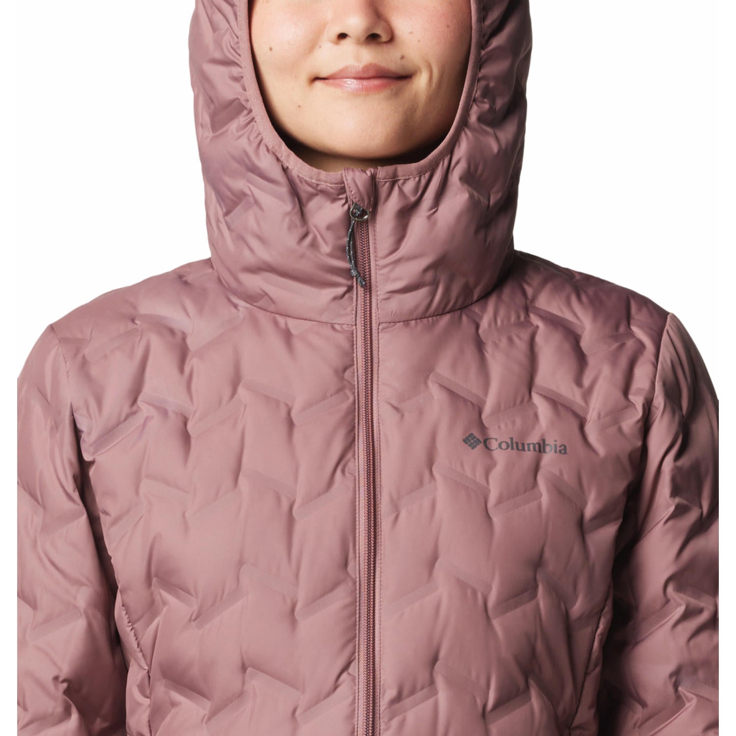A Women Wearing Columbia Women Red Delta Ridge II Long Down Jacket
