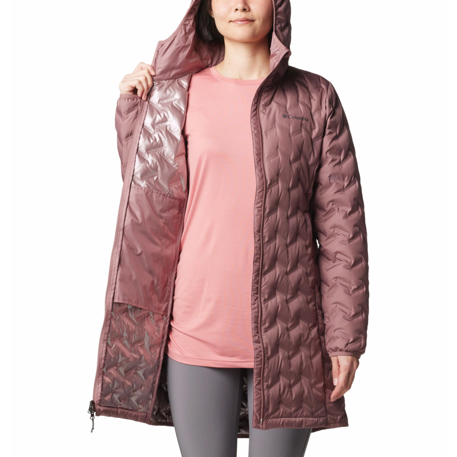 A Women Wearing Columbia Women Red Delta Ridge II Long Down Jacket