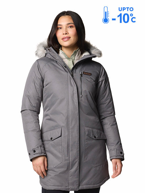 Columbia Women Grey Omni-Heat Reflective Suttle Mountain Long Hooded Down Jacket