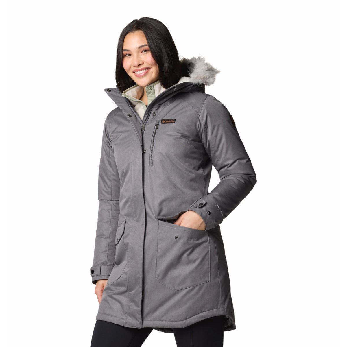 Columbia Women Grey Omni-Heat Reflective Suttle Mountain Long Hooded Down Jacket
