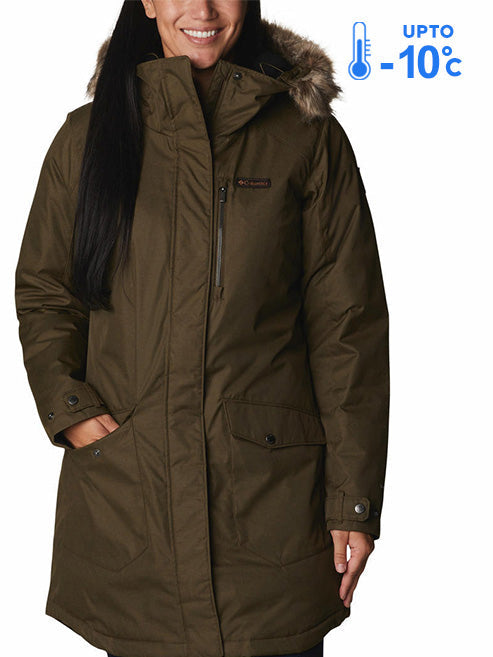 Columbia Women Olive Omni-Heat Reflective Suttle Mountain Long Hooded Down Jacket