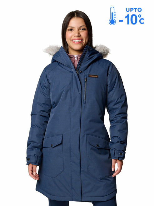 Columbia Women Navy Blue Omni-Heat Reflective Suttle Mountain Long Hooded Down Jacket