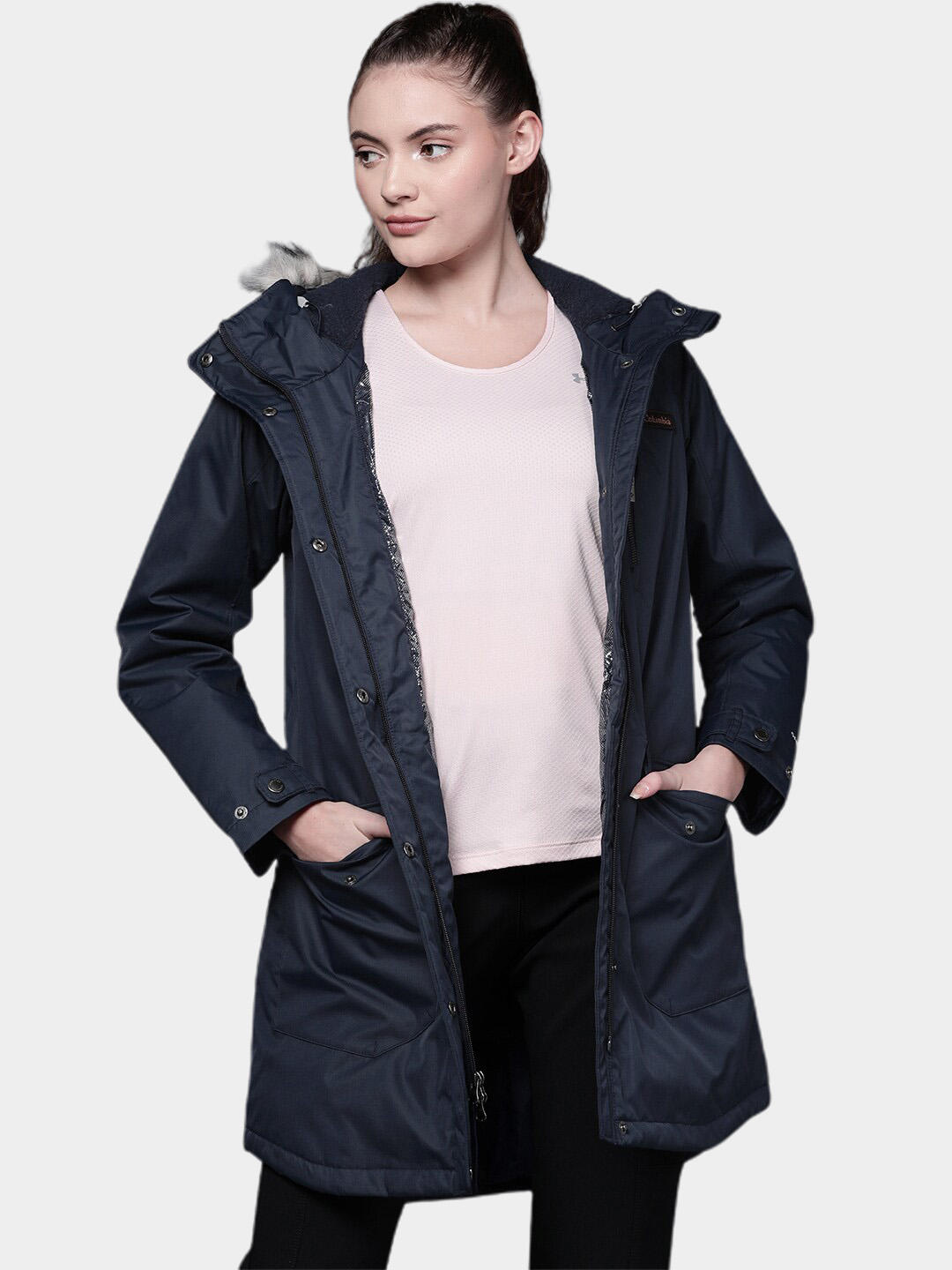 Columbia Women Navy Blue Suttle Mountain Long Insulated Jacket