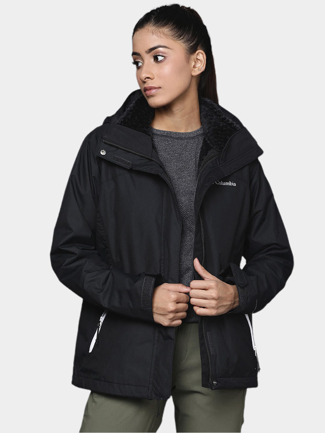 A Women Wearing Columbia Women Black Bugaboo II Fleece Interchange Jacket
