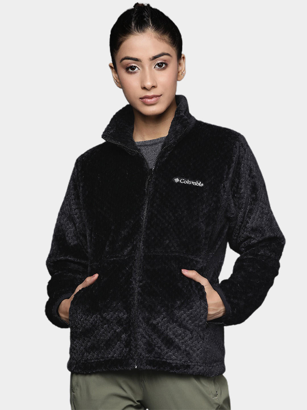 A Women Wearing Columbia Women Black Bugaboo II Fleece Interchange Jacket