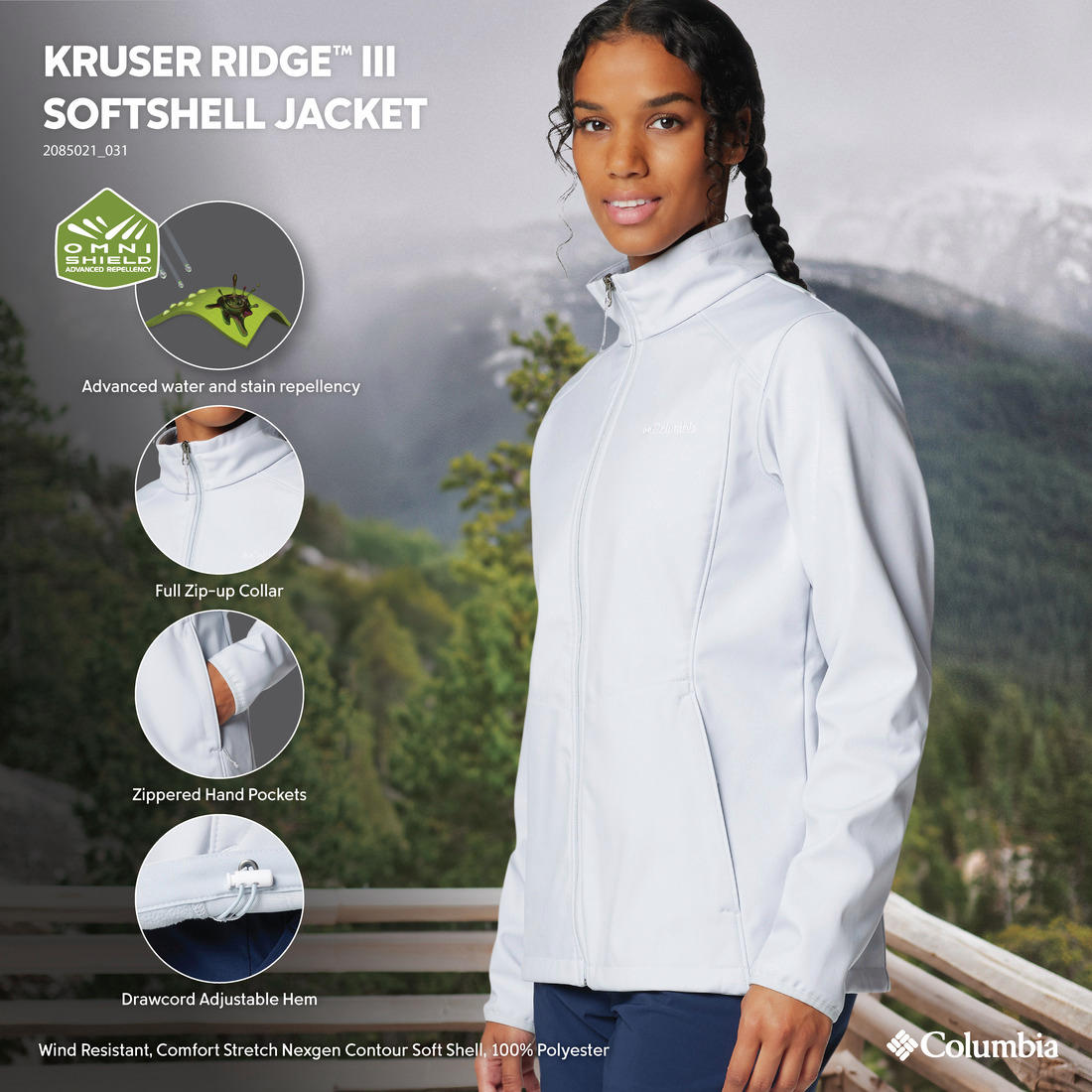 A woman wearing a grey full-zip Columbia softshell jacket with adjustable cuffs and hem, and zippered pockets on the sides.