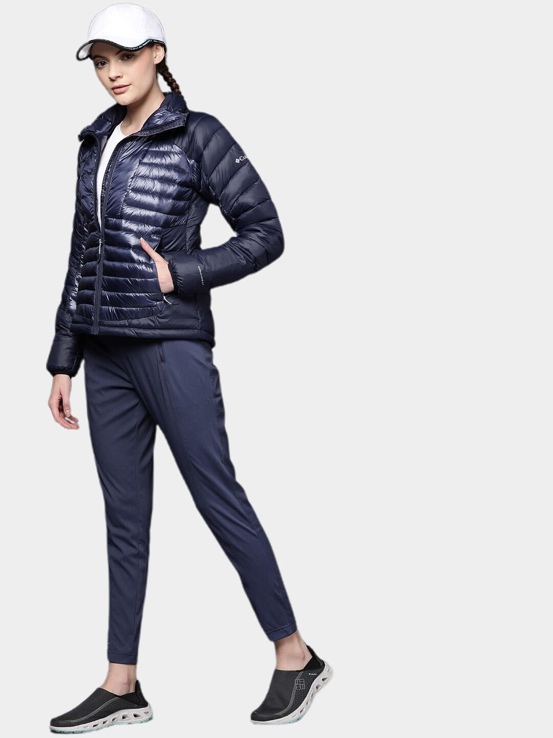 A Women Wearing Columbia Women Navy Blue Labyrinth Loop Jacket